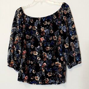 Lavish Navy Floral Peasant Tunic Top; Tulle / Chiffon; 3/4 Sleeves; Size XL